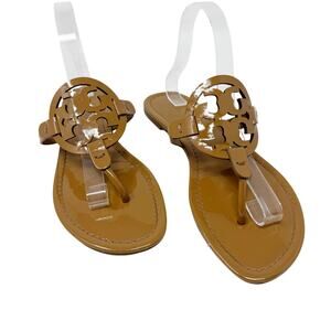 TORY BURCH Tan Caramel Patent Leather Miller Classic Designer Logo Sandals Sz 9